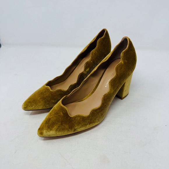 Anthropologie Shoes - Anthropologie Scalloped Velvet Block Heels Mustard Yellow Pointed Toe Pumps 8M